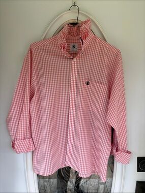 Upcycled ruffle collar peach and white  Gingham Button-Down Shirt